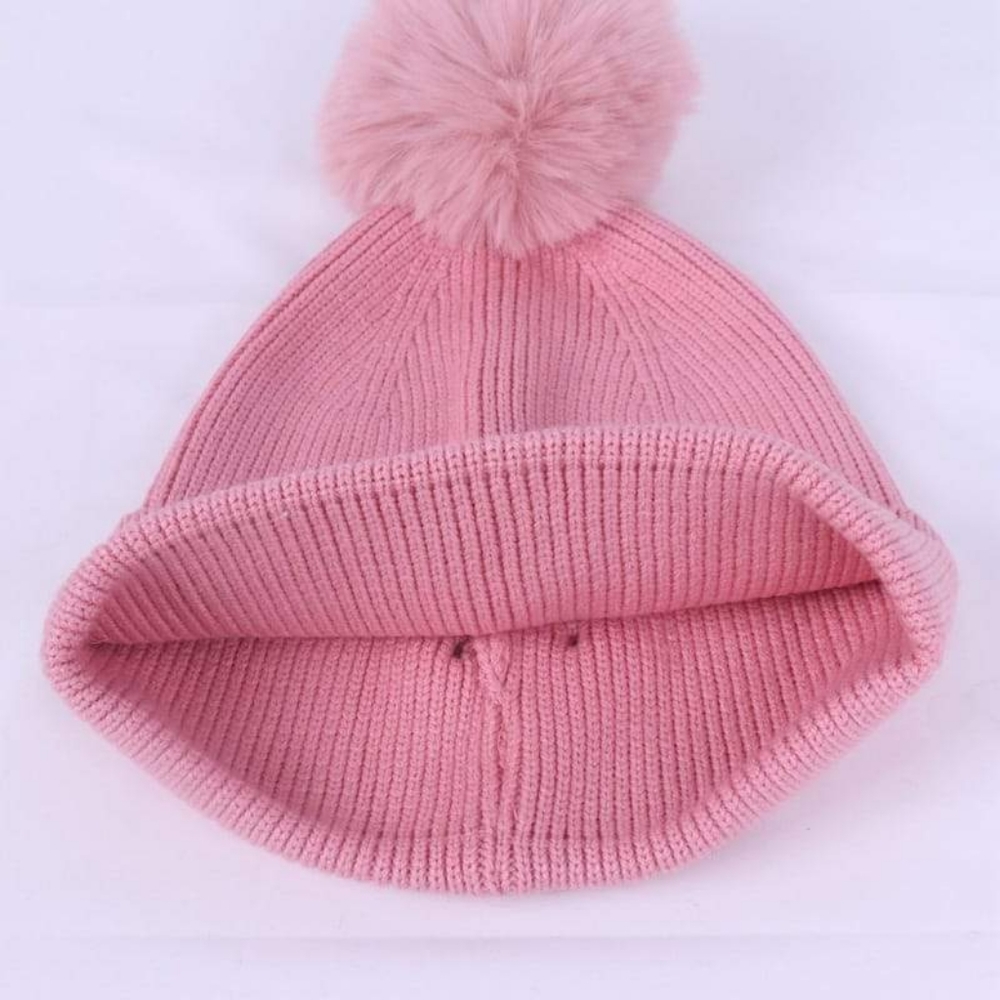 Women's Pink Knit Hat With Pom Pom & Matching Mask - Picture 5 of 13